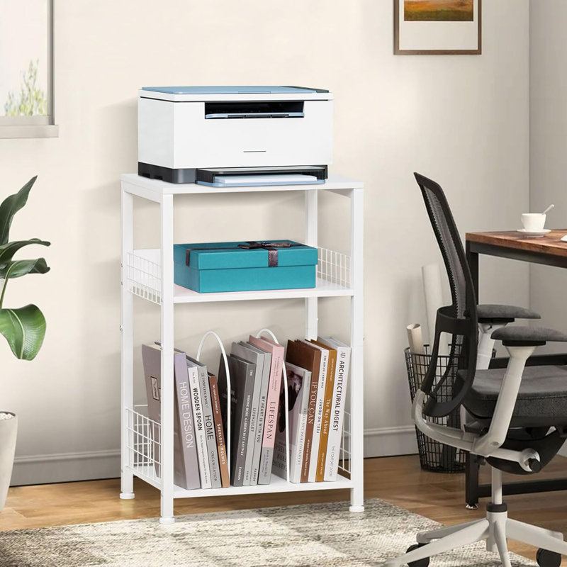 3-Tier Printer Stand With Vinyl Storage Shelf, Multi-Functional Side Table For Record Player, Office Equipment, And Books, Sturdy Metal Frame And Wooden Boards, Space-Saving Design