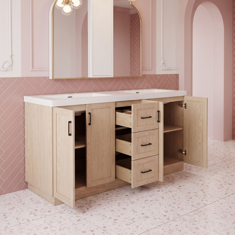 Meuble-lavabo double avec armoire, tiroirs et portes