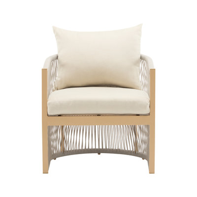 Fauteuil incurvé moderne en aluminium beige, tissé à la corde, rembourré pour socialiser dans n'importe quel environnement, profondeur de 23,64 po, largeur de 25,5 po, hauteur de 27,59 po, espace de détente confortable de 14,88 lb