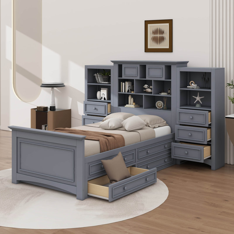 Twin-Sized Multi-Functional Bed Frame With Built-In Storage And Shelves, Gray