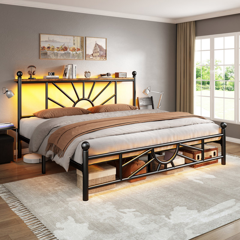 Vintage Metal Bed Frame with LED Lights, Storage Headboard & 10.2" Under Bed Storage, Noise-Free Sturdy Platform Bed, Queen