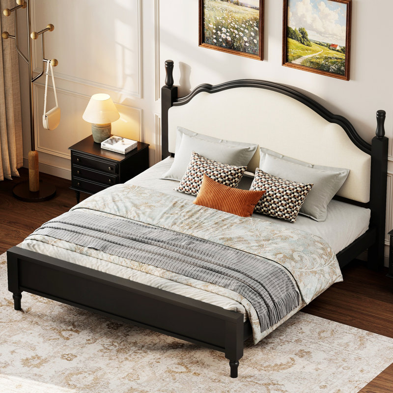 Lit plateforme pour chambre à coucher avec tête de lit rembourrée, cadre de lit pour la maison, King, Beige/Black