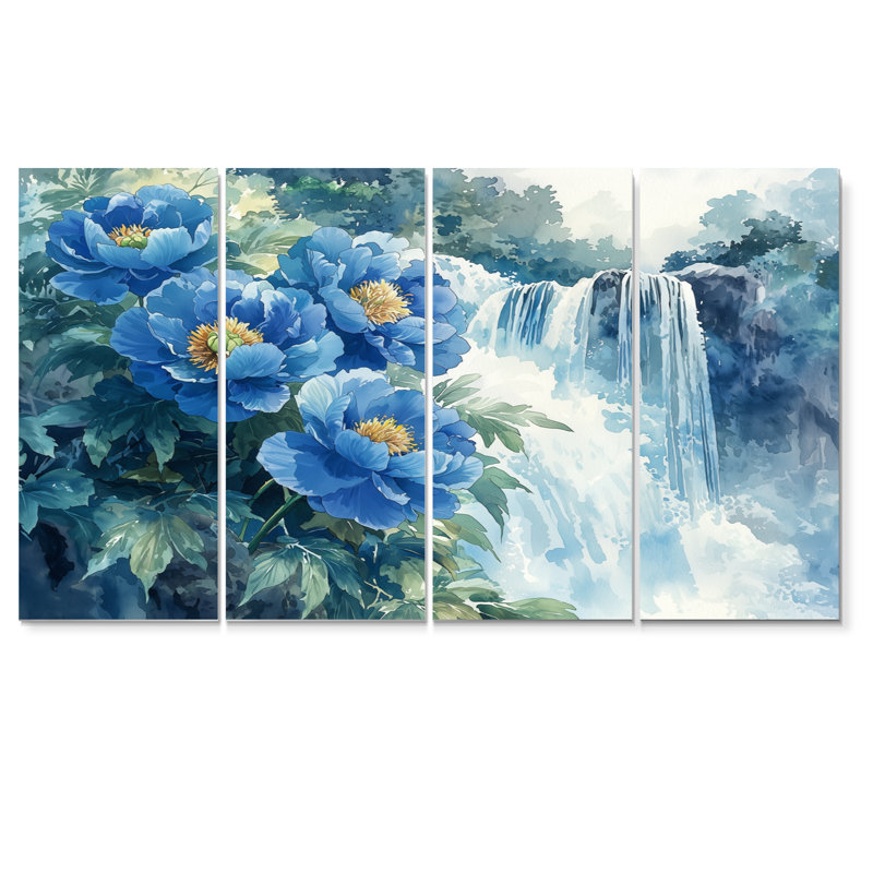 Pivoines par la cascade I - décoration murale par pivoines - art mural traditionnel, H 28 po x l 48 po, 4