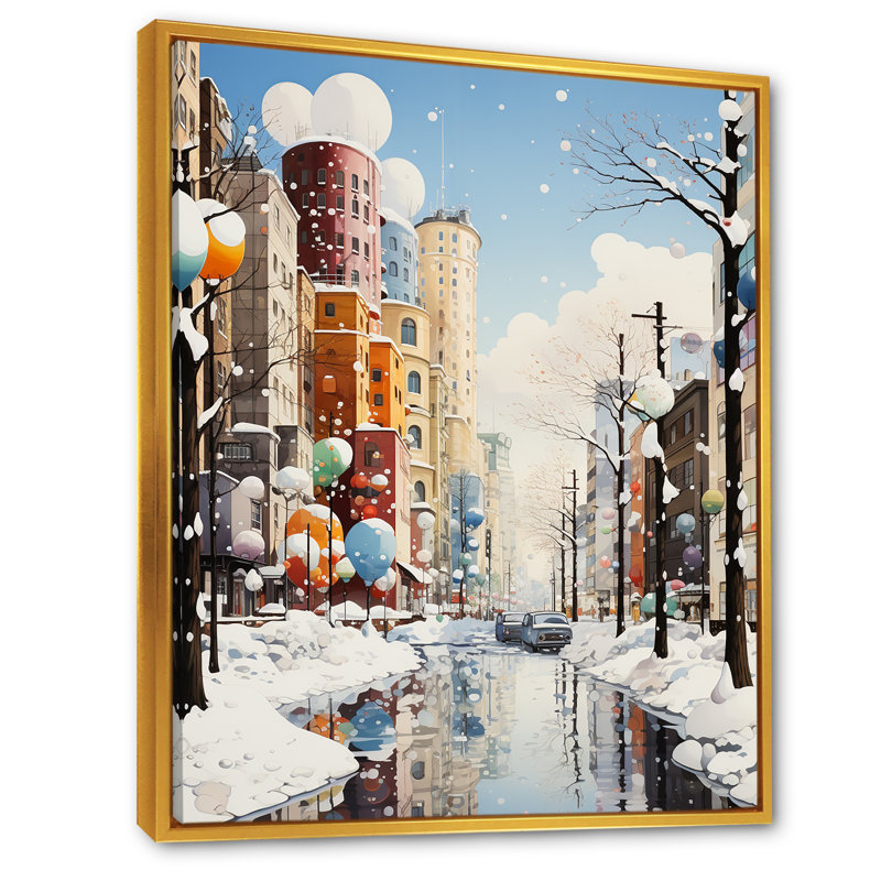 «Wintertime Cityscape Elegance - City Art Deco Wall Art», Cadre flottant doré, H 40 po x l 30 po x P 1,5 po