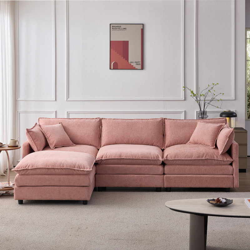 Canapé modulaire de 105 po en tissu de chenille rembourré de 105 po, canapé 3 places avec repose-pieds rose, Pink Chenille