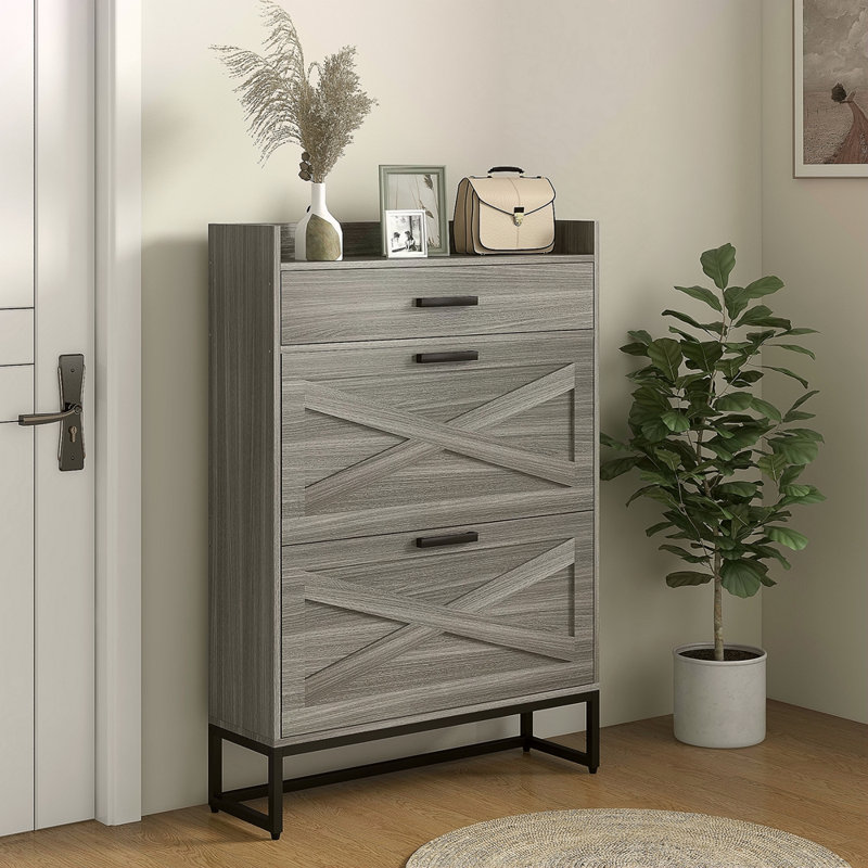 Narrow Shoe Cabinet, Industrial Shoe Storage Cabinet With 2 Flip Drawers, Adjustable Shelves, And Top Drawer, Entryway Hidden Shoe Storage For 12 Pairs Of Shoes