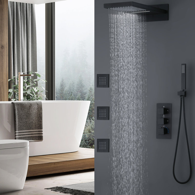 Système de douche mural complet avec valve thermostatique, Noir mat
