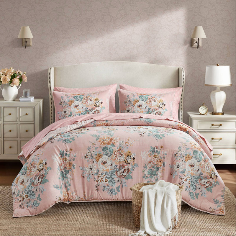 Ensemble de 7 pièces à motif floral inspiré du vin, Queen Comforter + 6 Additional Pieces, Multicolor Pink