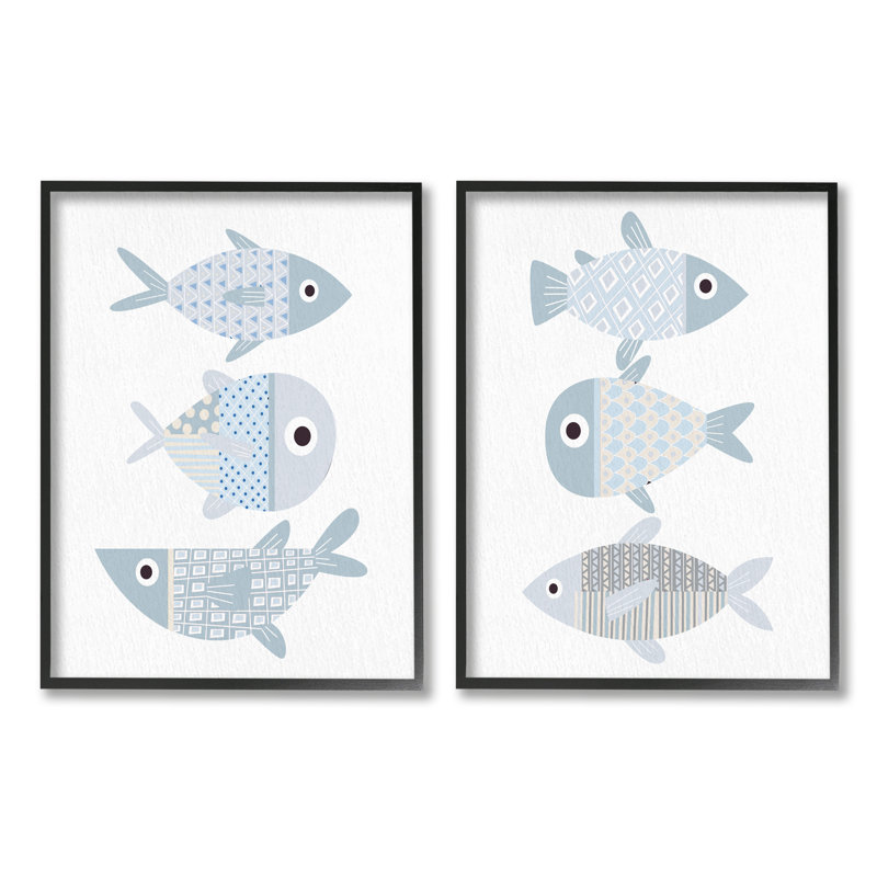 «Whimsical Blue Patterned Fish» par Kim Allen - ensemble de 2 impressions sur bois, H 30 po x l 48 po x P 1,5 po