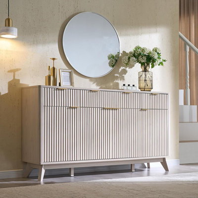 Fluted Modern Storage Cabinet – Buffet Sideboard Coffee Bar With 4 Doors & 3 Drawers For Dining Room, Living Room, Hallway, White Alder