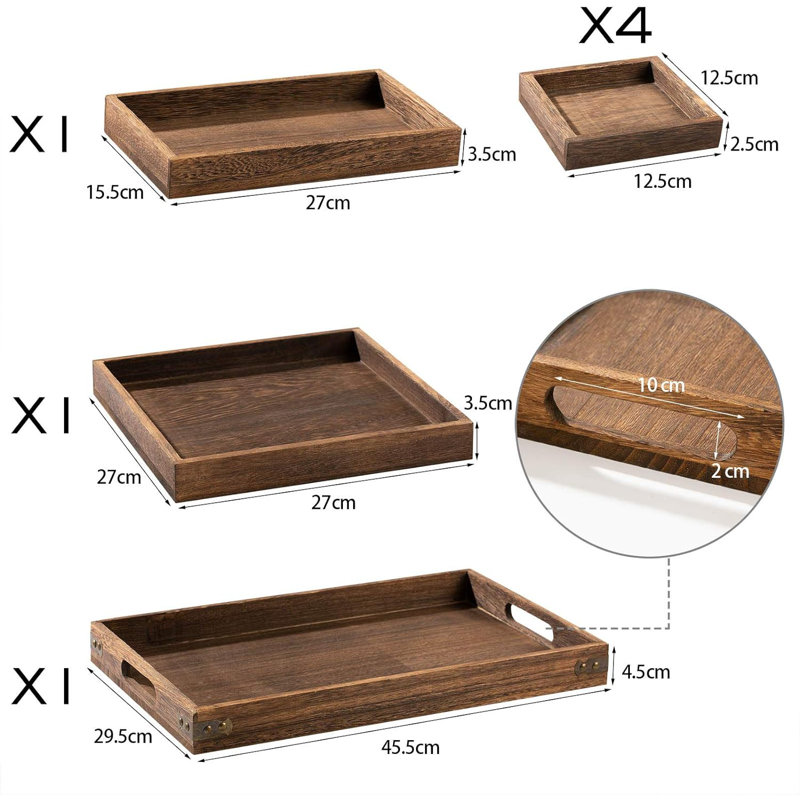 Wooden Serving Trays With Handle - Set Of 7 Rectangular Platters For Entertaining, Breakfast, Coffee Table, Home Decor