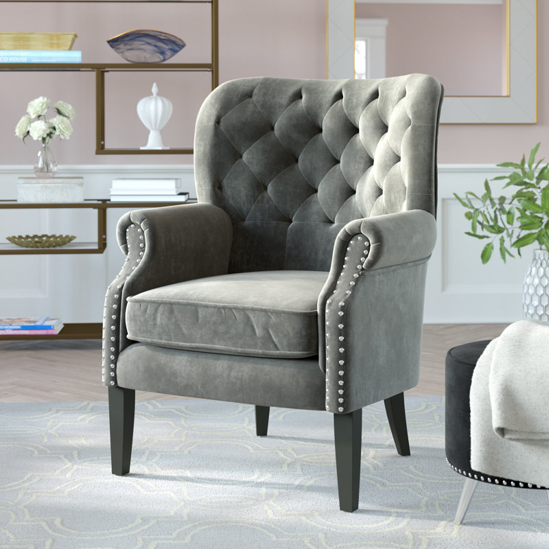Fauteuil à oreilles en velours capitonné Korin, Velours gris