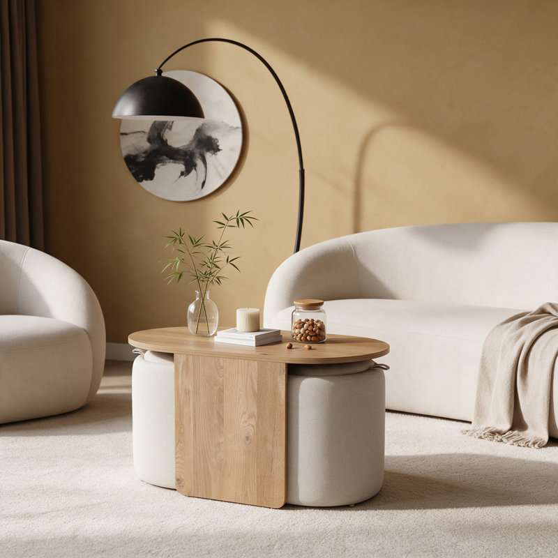 Ensemble de tables basses ovales en MDF avec 2 repose-pieds en lin beige, tabourets gigognes avec rangement caché pour petit salon