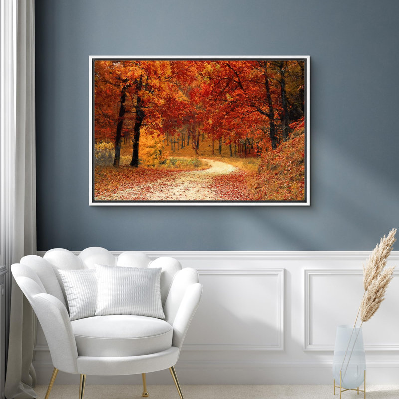 «Autumn Fall Vibrant Orange Forest Trees Nature Landscape», grande impression sur toile encadrée, Cadre flottant blanc