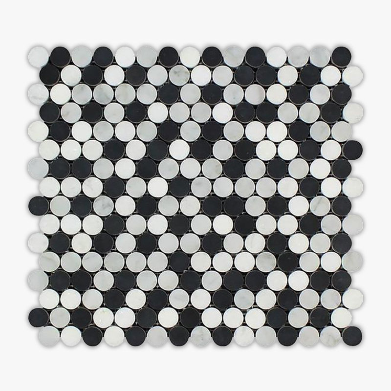 Thassos Honed Penny Round Marble Mosaic, White/Black