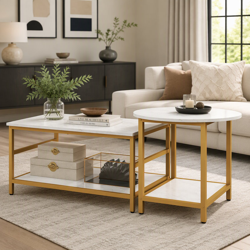 HOMcom, ensemble de 2 tables basses rectangulaires et rondes à 2 rangées avec tablettes de rangement, plateau en faux marbre et structure en acier, table d'appoint de canapé pour le salon, blanc