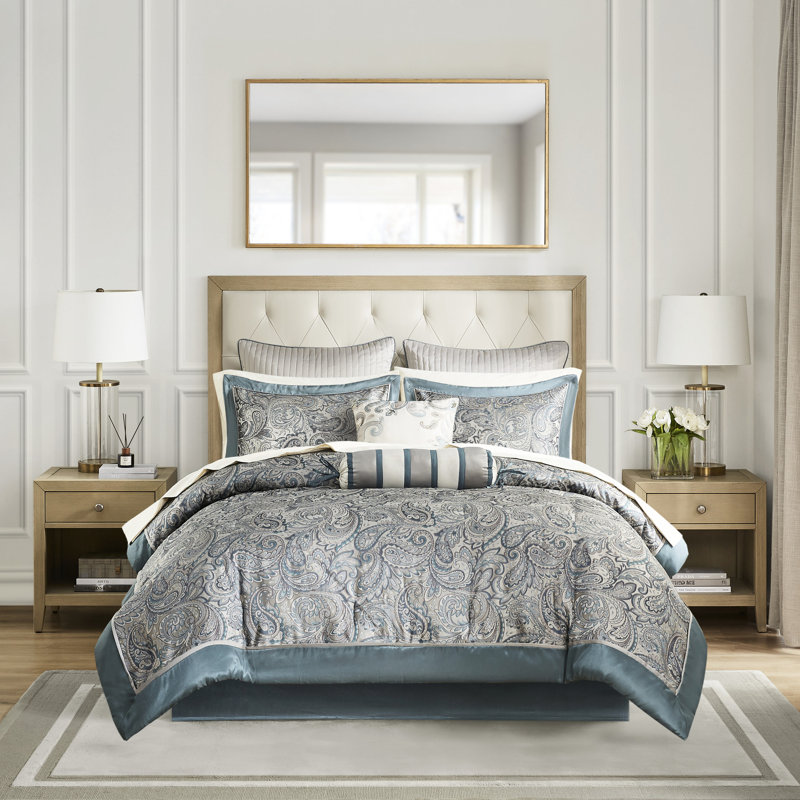 Édredon grand lit bleu sarcelle 12 pièces avec draps en coton, y compris édredon, taies décoratives, coussins décoratifs, jupe, drap-housse, drap plat et taies d'oreiller, rembourrage à 100%, design