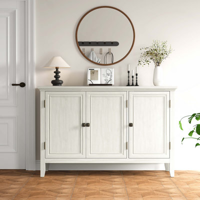 Buffet Cabinet with Doors and Adjustable Shelves, Bohemian Sideboard, Wood Credenza Cabinet Organizer for Bedroom, Living Room, Dining Room, Hallway, Grayish-White