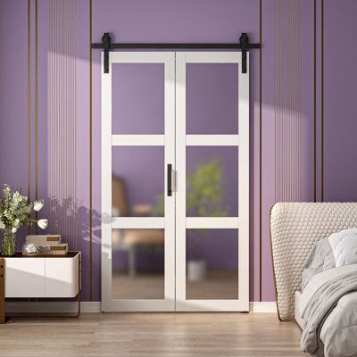 32" X 84''H Double Bi Fold 3 Lite Door Primed Finish With Primed Finish Barn Door Paintable Folding Barn Doors for Pantry Laundry