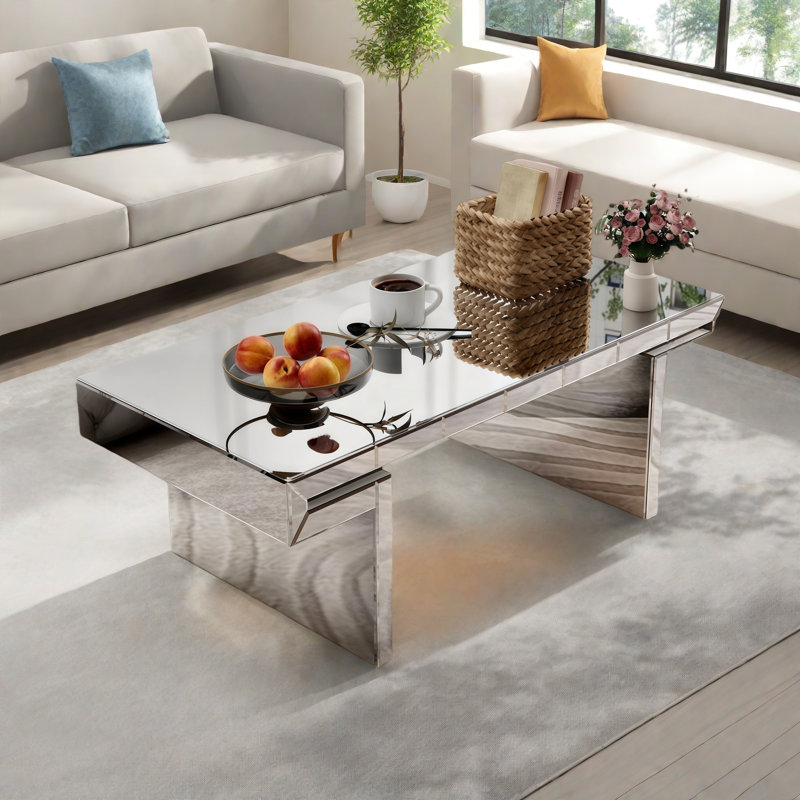 Table basse de luxe à miroir rectangulaire avec verre trempé cannelé et bords arrondis