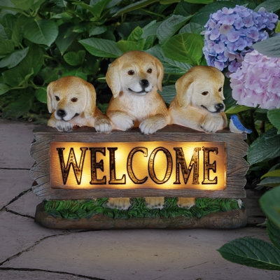 Guard Dog Greeter Exhart Solar Three Boston Terrier Welcome Sign Garden Statuary, 8.5 Inches Tall