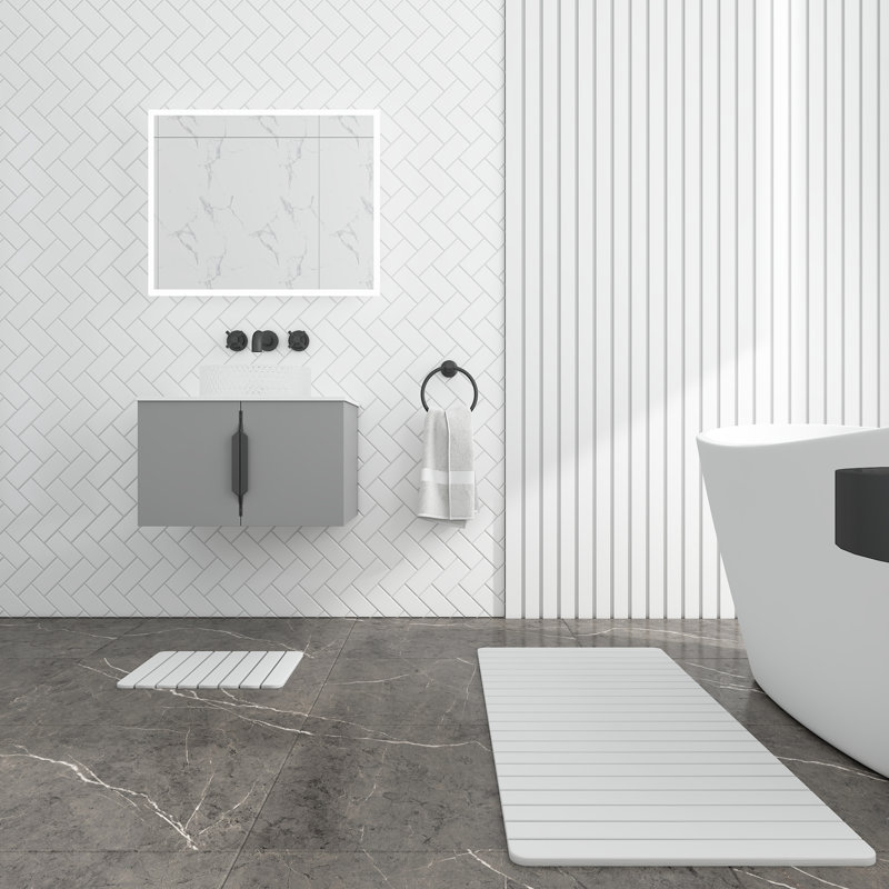 Ensemble de tapis de bain à séchage rapide Diatomite - Très grand + petits tapis gris, Blanc naturel