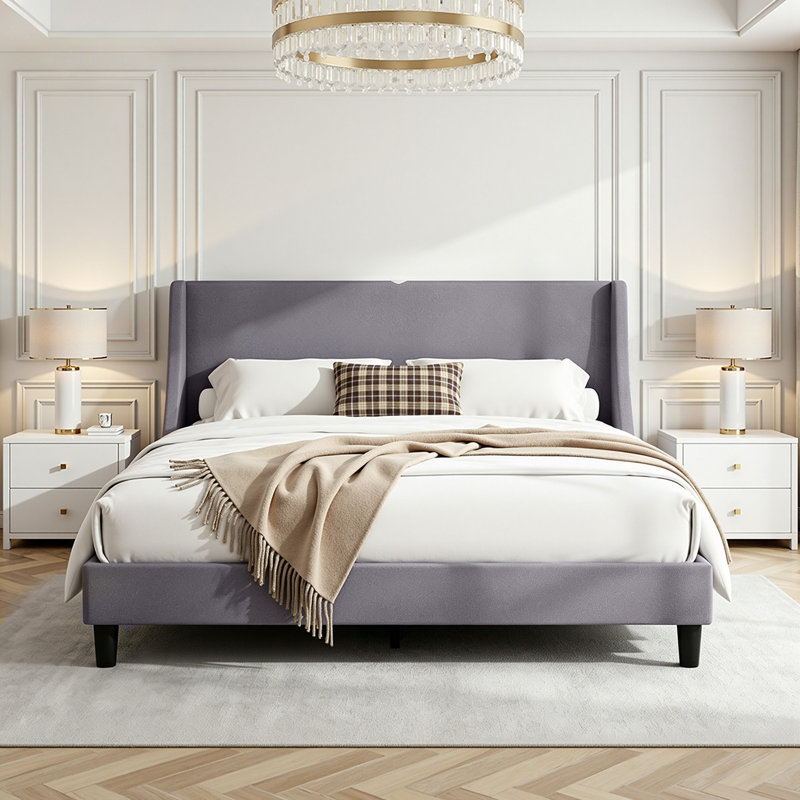 Structure de lit grand format en lin avec tête de lit à oreilles, lit plateforme grand à oreilles avec support à lattes en bois, ports USB, aucun sommier tapissier requis, sans bruit
