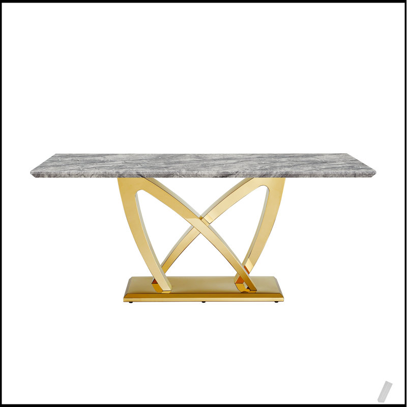 Élégante table de salle à manger rectangulaire en faux marbre 70 po avec base en acier inoxydable à finition miroir, parfaite pour les salles à manger modernes et spacieuses