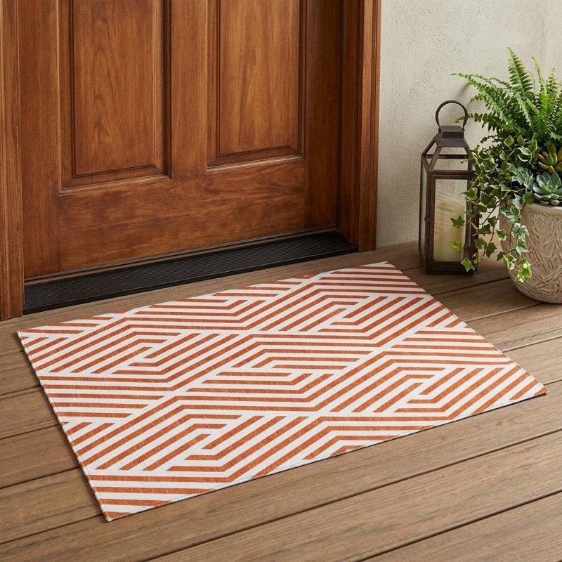 HomeRoots 3' X 5' Orange And White Geometric Washable Indoor Outdoor Area Rug