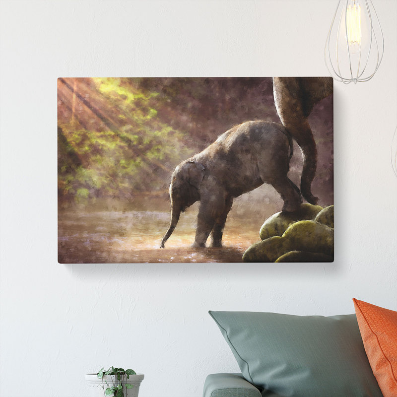 Mother Elephant Encouraging Baby - Wrapped Canvas, 40cm H x 60cm W x 3cm D
