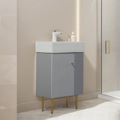 21.6" Modern Vanity Base, Solid Wood Bathroom Storage With Open Shelf On The Left, Soft-Close Ceramic Basin, Gray