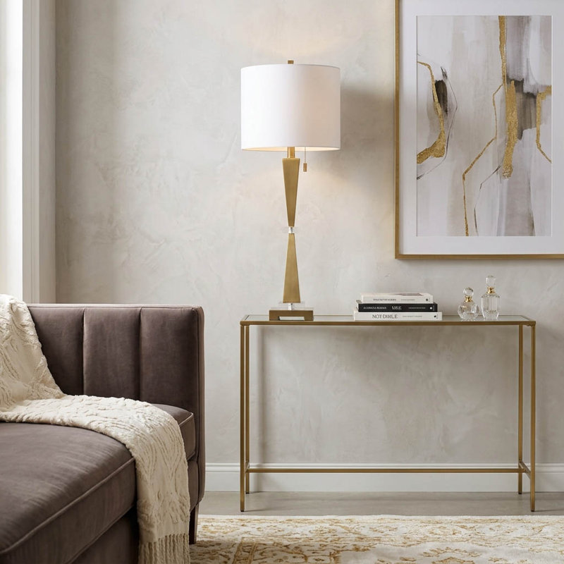Tapered Tall Metal Table Lamp with Crystal Accents for Living Room - Modern Small Accent Lamp for Bedroom, Bedside or Desk Lighting - 37", Gold & White