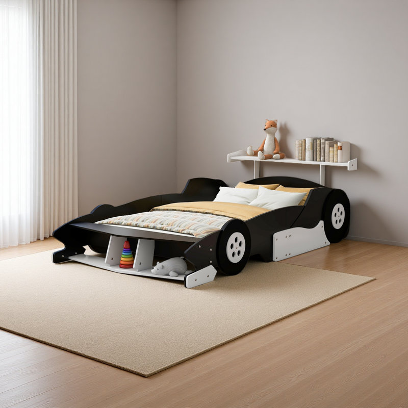 Lit plateforme pleine grandeur en forme de voiture de course avec roulettes, Noir