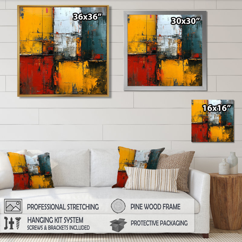 Cubiste, tranquillité, jaune, rouge, bleu, abstrait, art mural, Toile avec cadre flottant noir, H 16 po x l 16 po x P 1 po