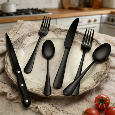 48-Piece Black Stainless Steel Flatware Set With Steak Knives For 8, Mirror Finish Cutlery