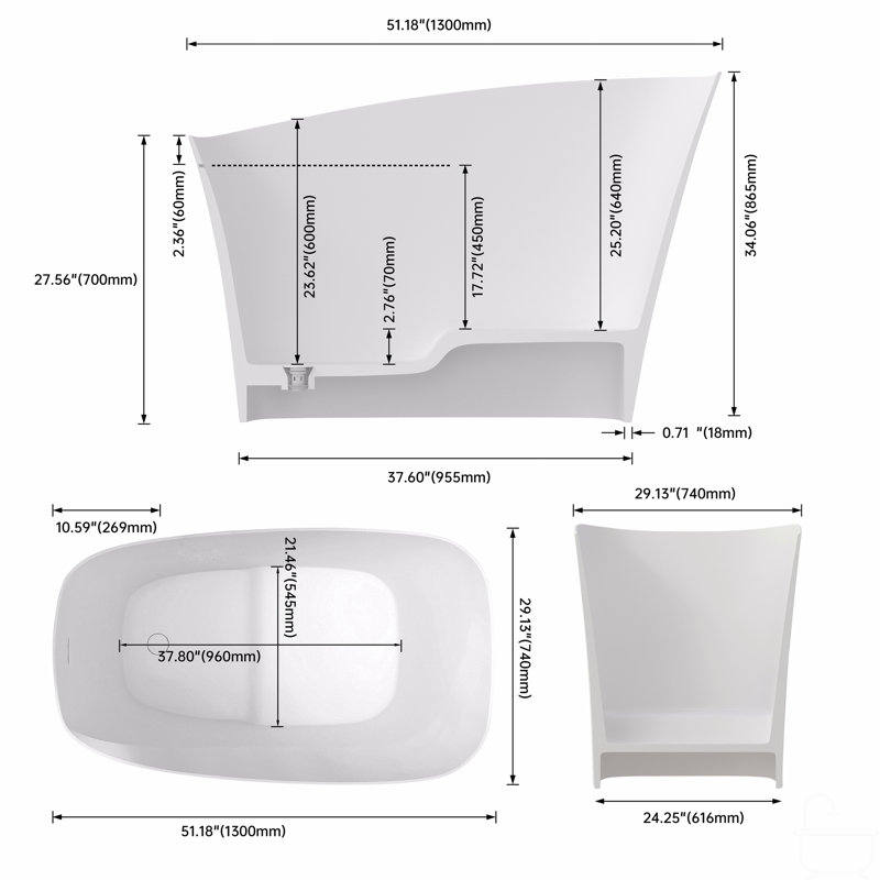 Baignoire de trempage à surface solide de 51 pouces - Baignoire profonde autoportante