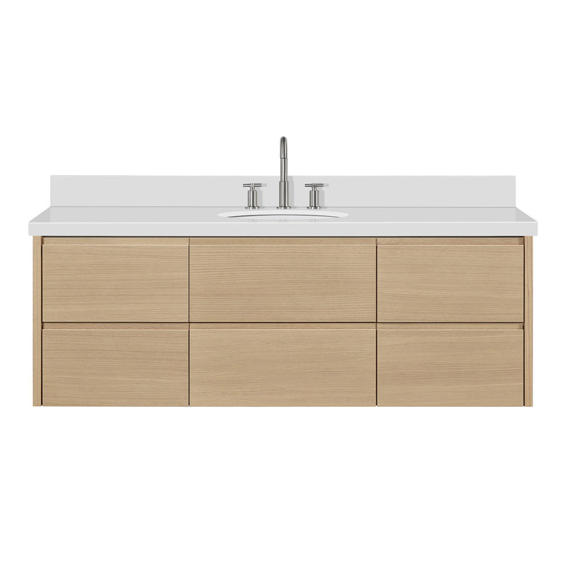   Ensemble de meuble-lavabo mural ovale simple 61 po avec comptoir en quartz blanc de 1,5 po Ensembles, Ovale, Chêne naturel