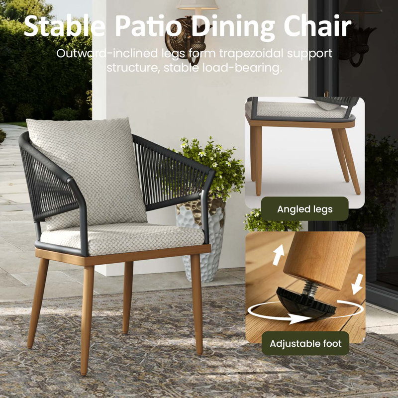 Patio Dining Armchair with Cushion, Beige / Brown Wood, 6