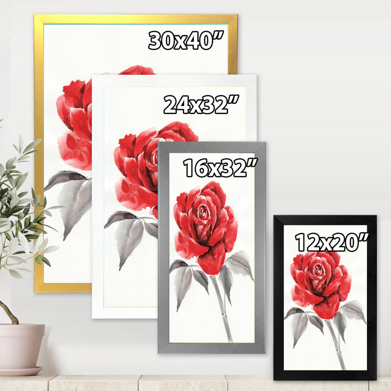 «Vintage Red Rose Flower I», reproduction sur toile, Toile encadrée d'or, H 32 po x l 16 po x P 1,5 po