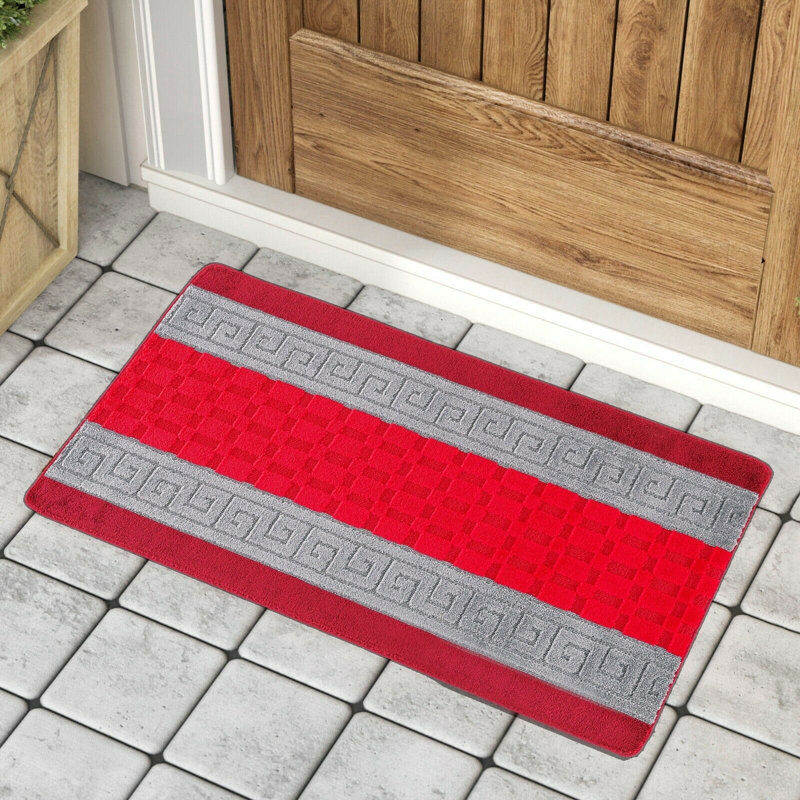 Mariam Non-Slip Striped Indoor Doormat, Rectangle 150 x 120cm, Red/Grey