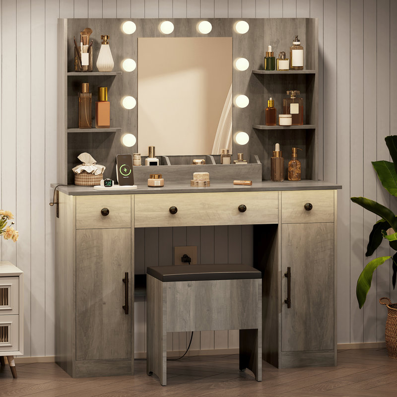 Ensemble de coiffeuse moderne avec miroir Guram avec miroir, dix ampoules et lumière réglable Dazzle, 7 tiroirs et tabouret, prise de courant USB