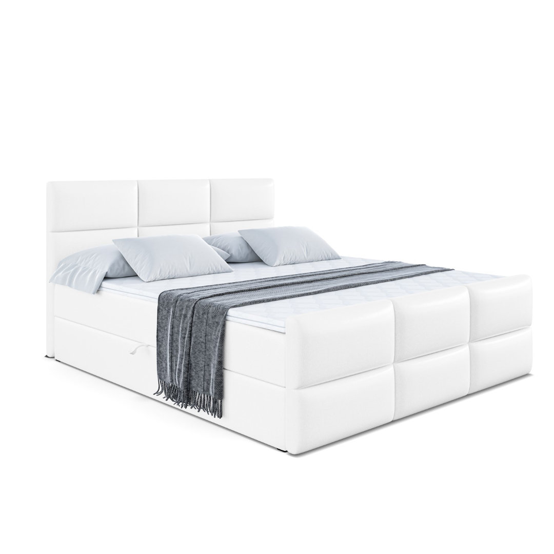 Boxspringbett in Kunstlederoptik mit H4 Multipocket-Matratze, Bettkasten und Topper