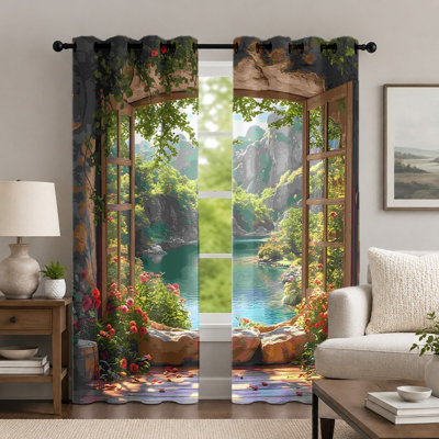 2Pcs Scenic Window View Curtains, Nature Landscape Printed Drapes, Garden Lake and Mountain Scene Grommet Curtains, Decorative Window Treatment for Bedroom Living Room Decor