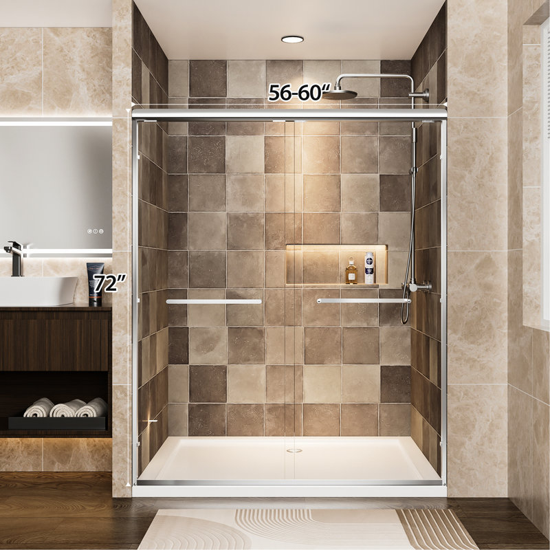 60" Wide Aluminum Double Sliding Shower Door, 1/4" (6mm) Clear Tempered Glass With - Proof Film, Corrosion Handles, Easy Installation In Bathroom 72" High Frame Door 6mm And Shatter Adjustable Width,