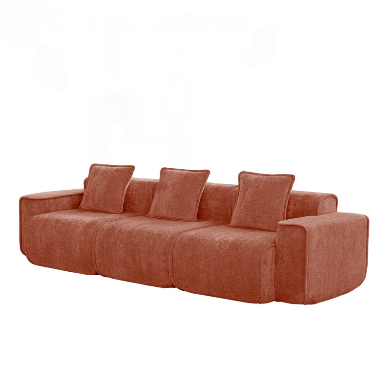 Canapé modulaire à 3 places avec passepoil français et tissu velours, 108.66" W, Red