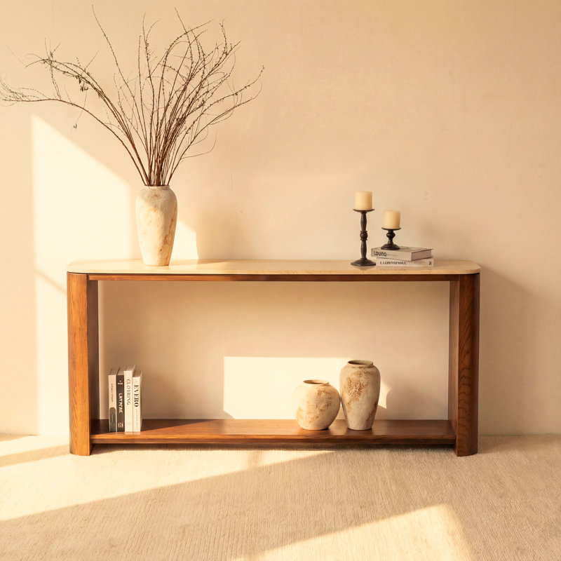 Ovelo Natural Oak Console Table with Travertine Top – Modern Entryway Sofa Table with Shelf, Brun