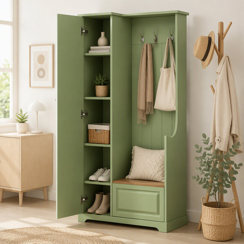 Porte-manteau minimaliste avec banc rabattable, tablettes réglables et crochets de suspension, vert
