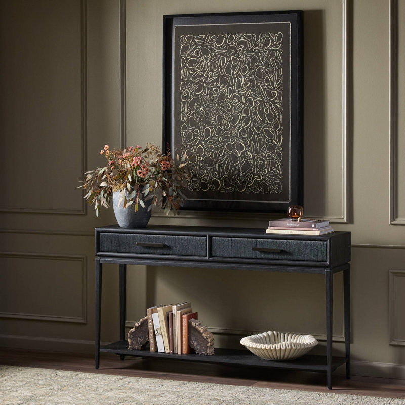 Rosenell Console Table-Natural Oak Veneer, Black Oak Veneer