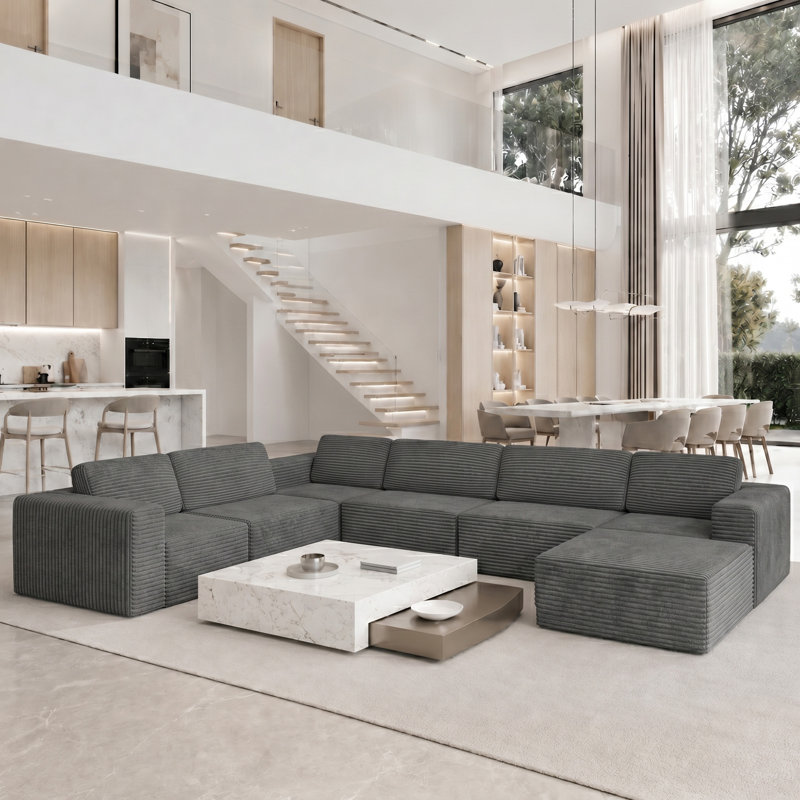 Modular Oversized 404cm 6-seater L-shaped Boneless Corduroy Sofa, No Assembly Required, Left Hand Facing, Grey