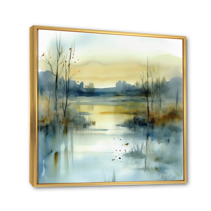 Summer Lake Landscape Illustration III, reproduction d'art sur toile, Cadre flottant doré, H 24 po x l 24 po x P 1 po